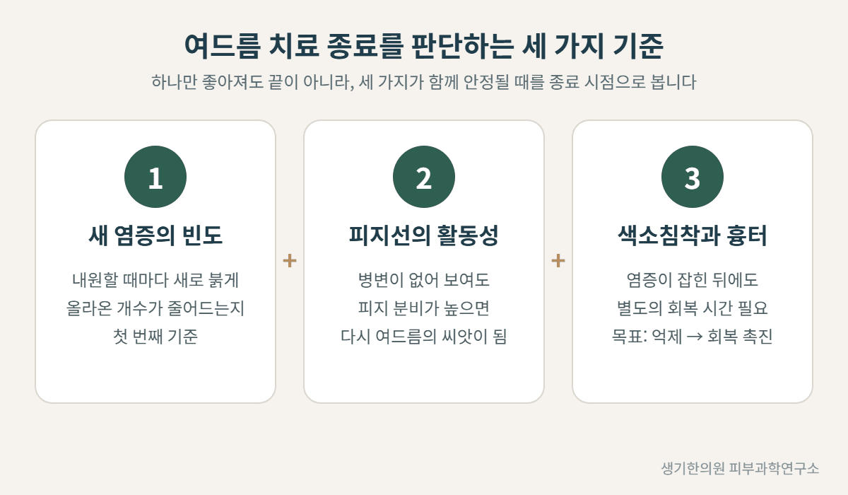 여드름 치료 종료를 판단하는 세 가지 기준: 새 염증의 빈도, 피지선의 활동성, 색소침착과 흉터 — 생기한의원 피부과학연구소 제작 도해