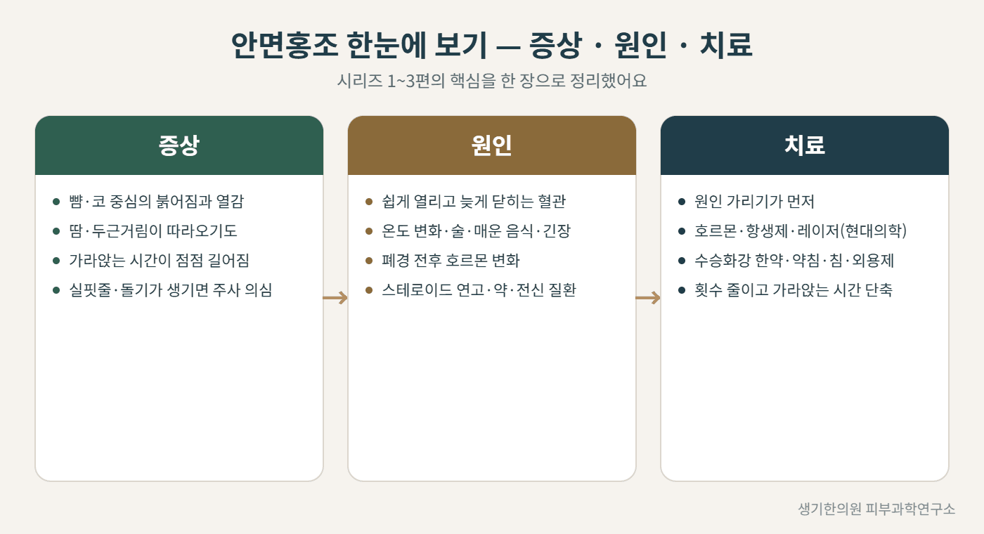안면홍조 증상·원인·치료 한눈에 보기 도해 — 생기한의원 피부과학연구소 제작