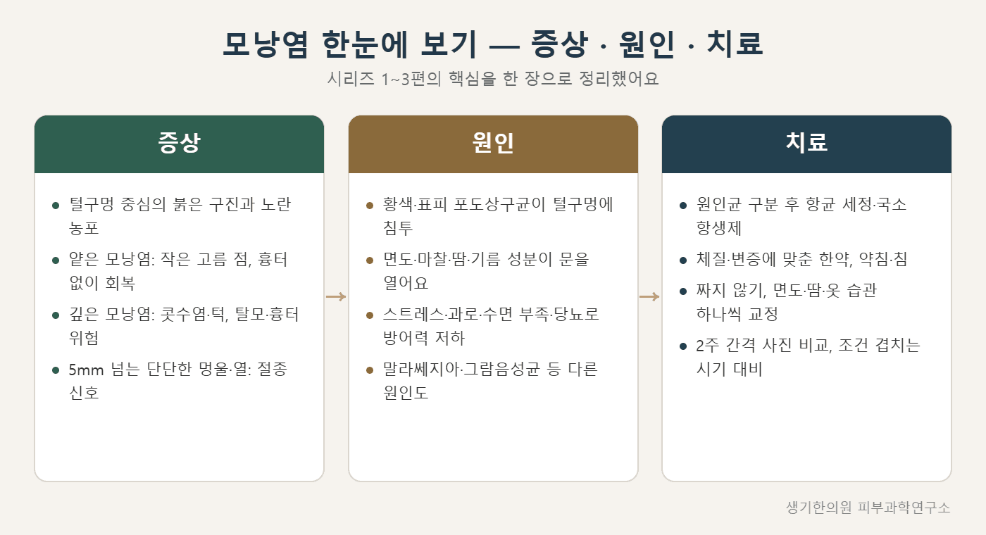 모낭염 증상·원인·치료 한눈에 보기 도해 — 생기한의원 피부과학연구소 제작