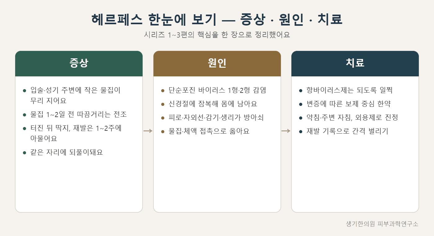 헤르페스 증상·원인·치료 한눈에 보기 도해 — 생기한의원 피부과학연구소 제작