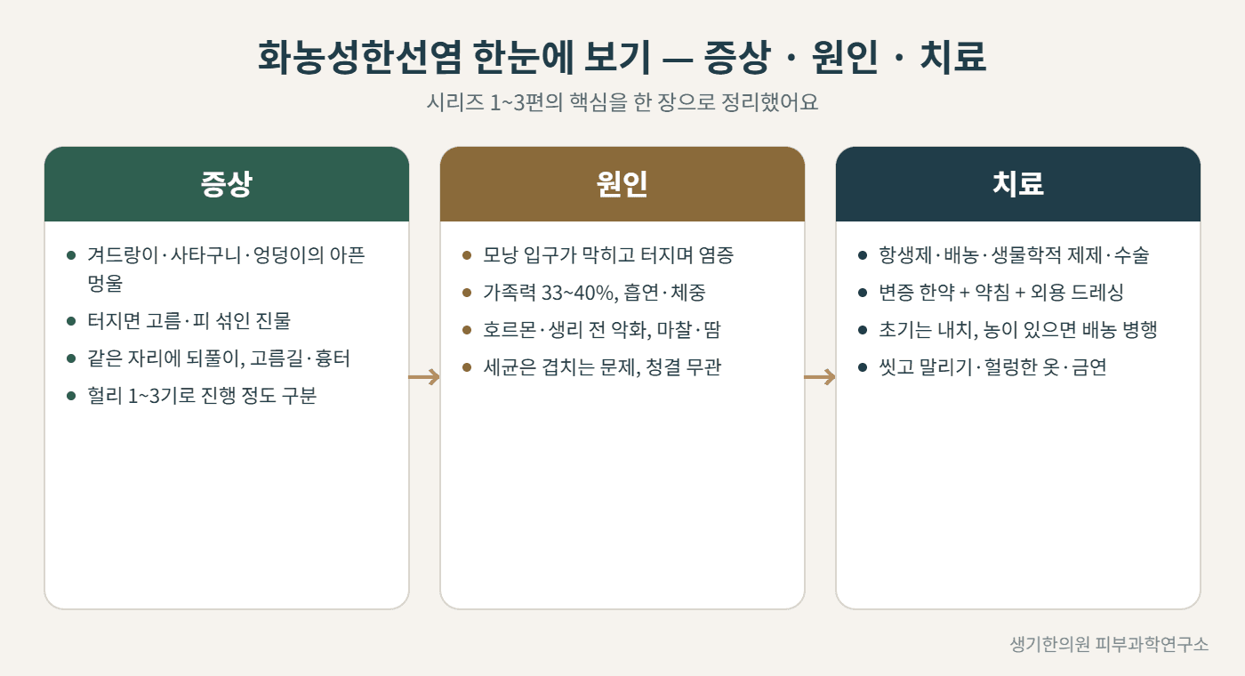 화농성한선염 증상·원인·치료 한눈에 보기 도해 — 생기한의원 피부과학연구소 제작