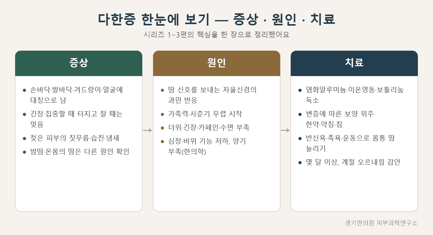다한증 증상·원인·치료 한눈에 보기 도해 — 생기한의원 피부과학연구소 제작