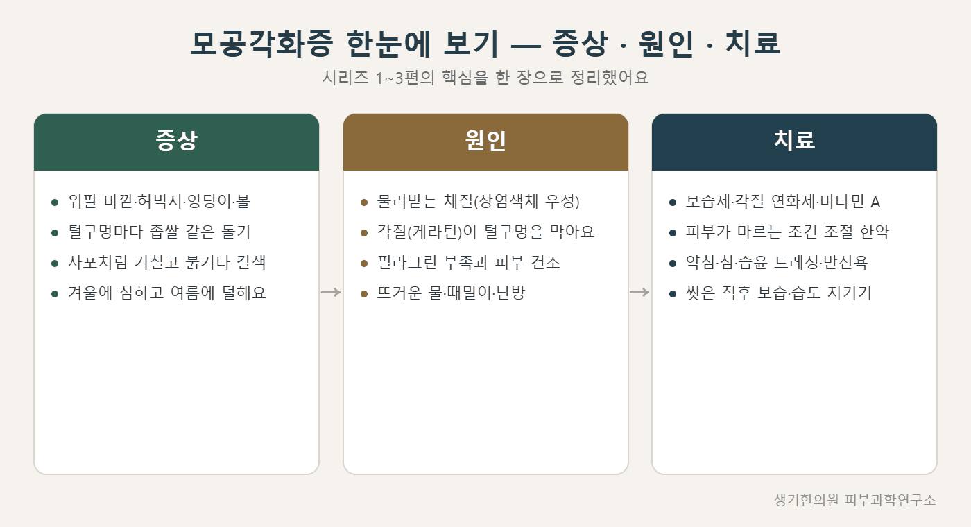 모공각화증 증상·원인·치료 한눈에 보기 도해 — 생기한의원 피부과학연구소 제작