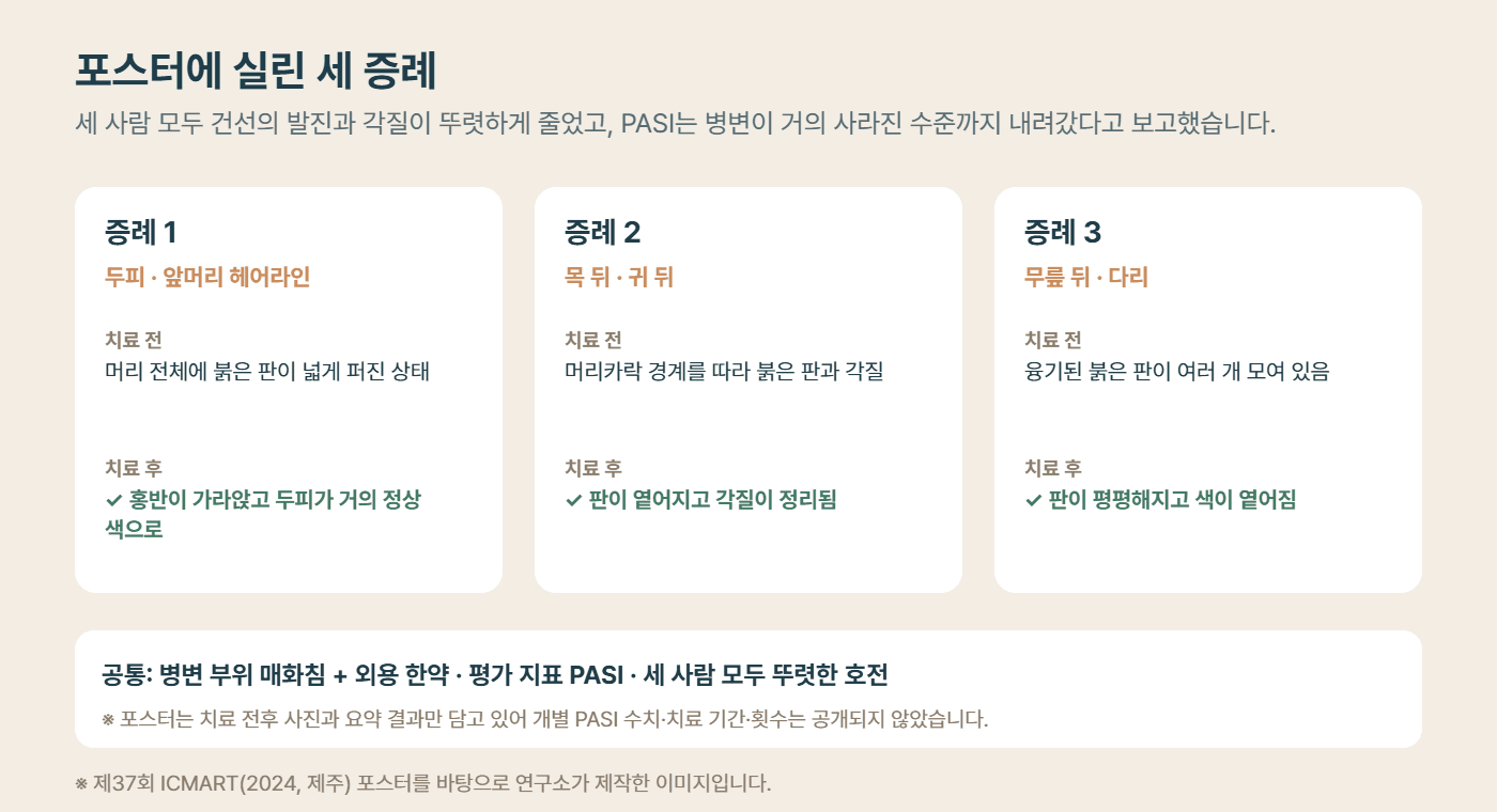 매화침 건선 치료 3례의 부위와 경과 요약 도해
